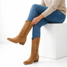 Cowboy Stiefel für Damen mit Blockabsatz und Stickerei in Braun