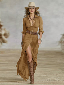 Franziska – Langes Damen-Kleid mit Knopfleiste und Gürtel in Braun