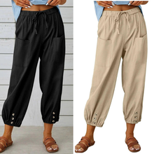 Lidia | Weite Damenhose aus Baumwolle und Leinen in Schwarz+Khaki