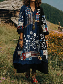 Eresha - Lässiges Langarm Kleid Mit Blumenmuster in Blau