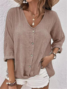 Elisa | Cotton V-Neck Button-Front Top Crinkle in Hellbraun