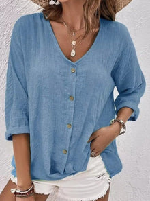 Elisa | Cotton V-Neck Button-Front Top Crinkle in Steel Blue