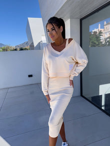 Damen Sommer V-Ausschnitt Zweiteiler Midikleid in Creme