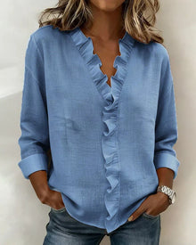 Susan | Bluse mit Rüschen, V-Ausschnitt und langen Ärmeln in Blau