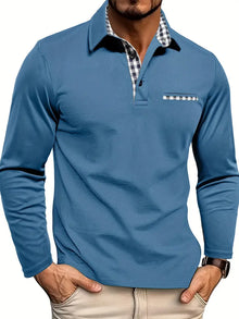 Herren Langarm-Poloshirt mit Knopfleiste in Hellblau