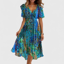 Elena | Damen Blumen V-Ausschnitt Midi Kleid in Blau/Grün