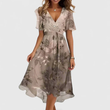 Elena | Damen Blumen V-Ausschnitt Midi Kleid in Hellbraun