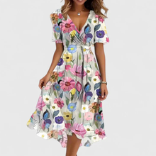 Elena | Damen Blumen V-Ausschnitt Midi Kleid in Weiß