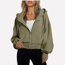 Antonia | Damen Cropped Zip Hoodie Relaxed Fit in Olivgrün