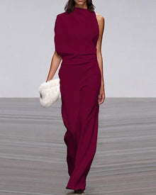 Sophia | Damen Eleganter Jumpsuit mit Weitem Bein in Dunkelrot