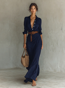 Elisa | Damen Elegantes Abendkleid in Maxilänge mit Spitze in Marineblau