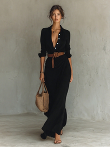 Elisa | Damen Elegantes Abendkleid in Maxilänge mit Spitze in Schwarz