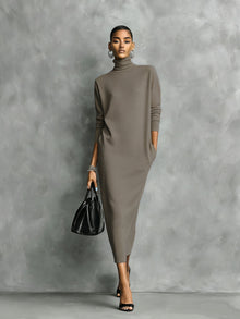 Ida | Damen Herbst Kleid Rollkragen Midi in Khaki-Brown