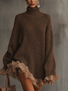 Emma | Damen Herbst-Strickkleid mit Spitzendetails für Hochzeitsgäste in Braun