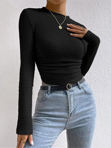 Sophia | Damen Langarmshirt im Waffelmuster in Schwarz