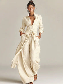 Katharina | Damen Linen Langarm Hemdkragen Gürtel in Weiß