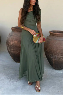 Mila | Damen Maxikleid mit asymmetrischer Schulter und eleganter Drapierung für Hochzeitsgäste in Grün