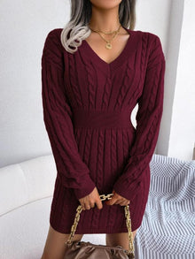 Ella | Damen Midi-Strickkleid mit Kabelstrickmuster für Herbst in Burgunderrot