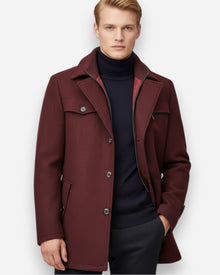 Gefütterte City-Winterjacke für Herren im Mantel-Look mit hohem Reißverschlusskragen in Rot