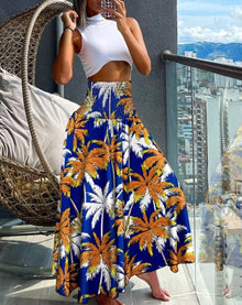 Damen Blumenmuster Weite Sommer Hosen in Blau