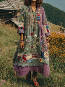 Eresha - Lässiges Langarm Kleid Mit Blumenmuster in Grau-Violett