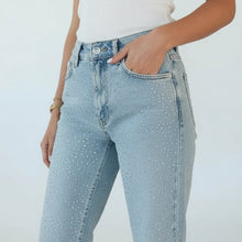 Straight Leg Jeans für Damen mit Glitzersteinen in Hellblau