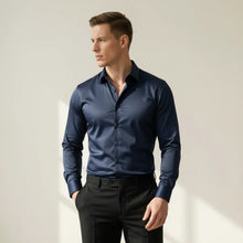 Bügelfreies Slim-Fit langarm Hemd für Herren mit Kragen in einfarbigem Design in Marineblau