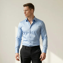 Bügelfreies Slim-Fit langarm Hemd für Herren mit Kragen in einfarbigem Design in Blau