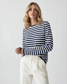 Gestreiftes Langarmshirt für Damen mit Rundhalsausschnitt in Blau