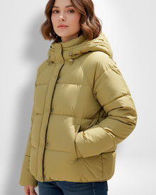 Kurze Steppjacke für Damen mit Kapuze und geradem Schnitt in Gelb