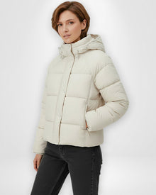 Kurze Steppjacke für Damen mit Kapuze und geradem Schnitt in Beige