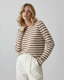 Gestreiftes Langarmshirt für Damen mit Rundhalsausschnitt in Braun