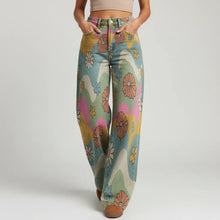 Flared Jeans für Damen mit hoher Taille im Casual-Stil in Wellen & Blumen