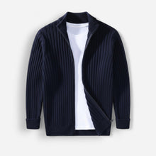 Gerippte Strickjacke für Herren mit hohem Kragen und durchgehendem Reißverschluss in Navy