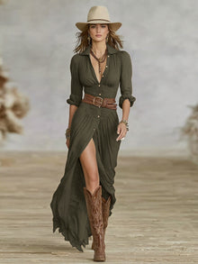 Franziska – Langes Damen-Kleid mit Knopfleiste und Gürtel in Grün
