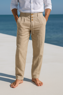 Herren Leinen Slim Fit Sommer Hose in Khaki