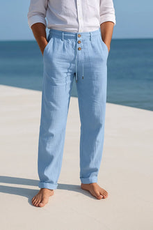 Herren Leinen Slim Fit Sommer Hose in Hellblau
