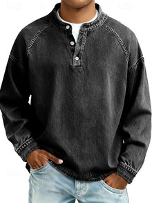 Oskar | Herren Henley-Pullover im Vintage-Look für Alltag in Schwarz
