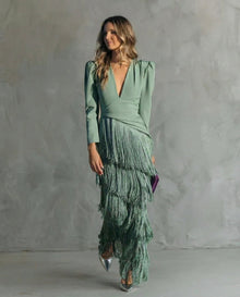 Nipuni - Elegantes Kleid Mit Fransenärmeln in Grün