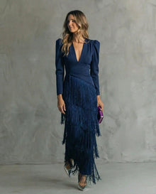 Nipuni - Elegantes Kleid Mit Fransenärmeln in Blau