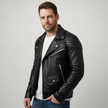 Kurze Biker Jacke für Herren mit gesteppten Ärmeln und asymmetrischem Reißverschluss in Schwarz