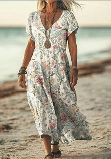 Damen Sommer Blumenmuster V-Ausschnitt Midikleid in Weiß