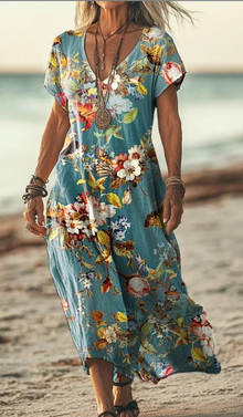 Damen Sommer Blumenmuster V-Ausschnitt Midikleid in Hellblau