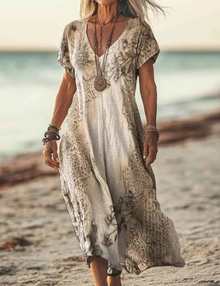 Damen Sommer Blumenmuster V-Ausschnitt Midikleid in Beige