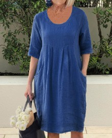 Damen Kurzarm Sommer Midikleid mit Taschen in Dunkelblau
