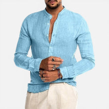 Herren Leinenhemd mit Stehkragen und Knopfleiste in Blau