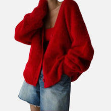 Damen Kaschmir Strickjacke mit flauschiger Oberfläche in Rot