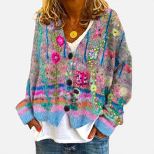 Damen Strickjacke mit Blumenmuster und Knöpfen in Blau