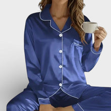 Damen Pyjama Set mit Knopfleiste und Langarm Oberteil in Blau