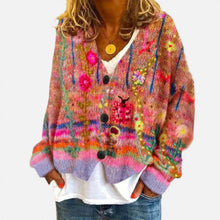 Damen Strickjacke mit Blumenmuster und Knöpfen in Rot